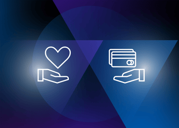 Digital illustration with a dark blue and purple background showing two white icons: a hand holding a heart (care) and a hand holding credit cards (payment).
