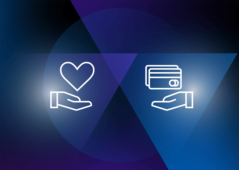 Digital illustration with a dark blue and purple background showing two white icons: a hand holding a heart (care) and a hand holding credit cards (payment).