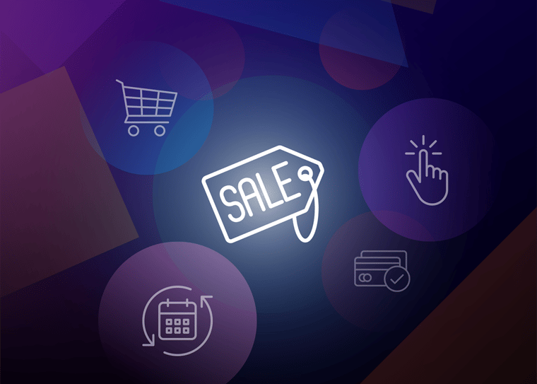 Hero graphic with sale tag, shopping cart, payment icons, and calendar, representing SaaS Black Friday Cyber Monday promotions.