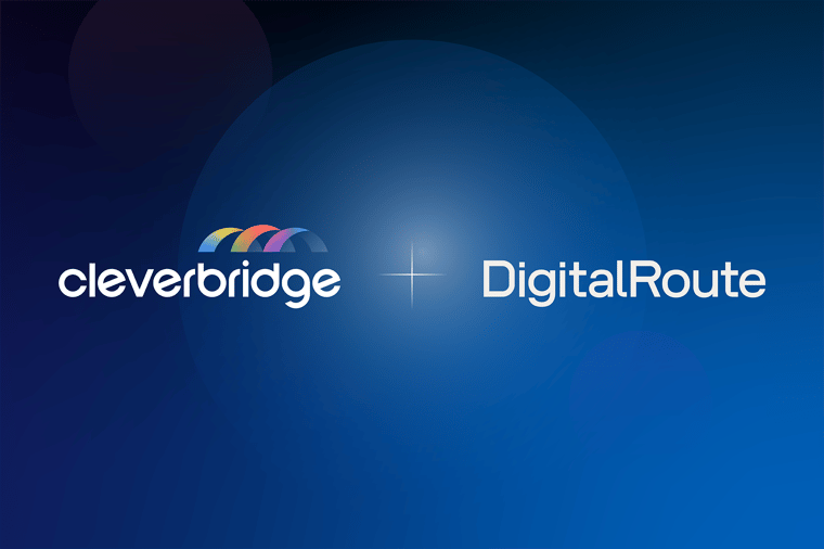 Cleverbridge and DigitalRoute logos on a blue background