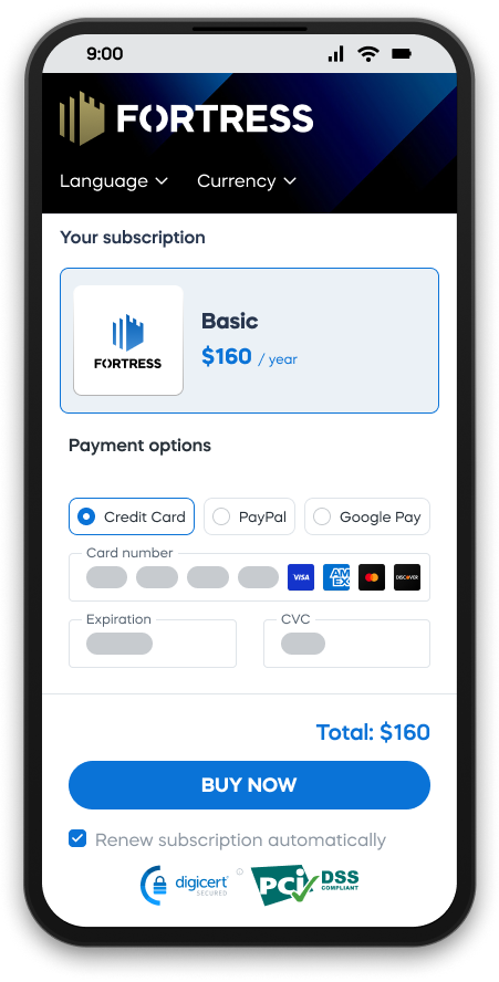 Fortress subscription screen showing $160 yearly plan with payment options: Credit Card, PayPal, Google Pay. Buy Now button.