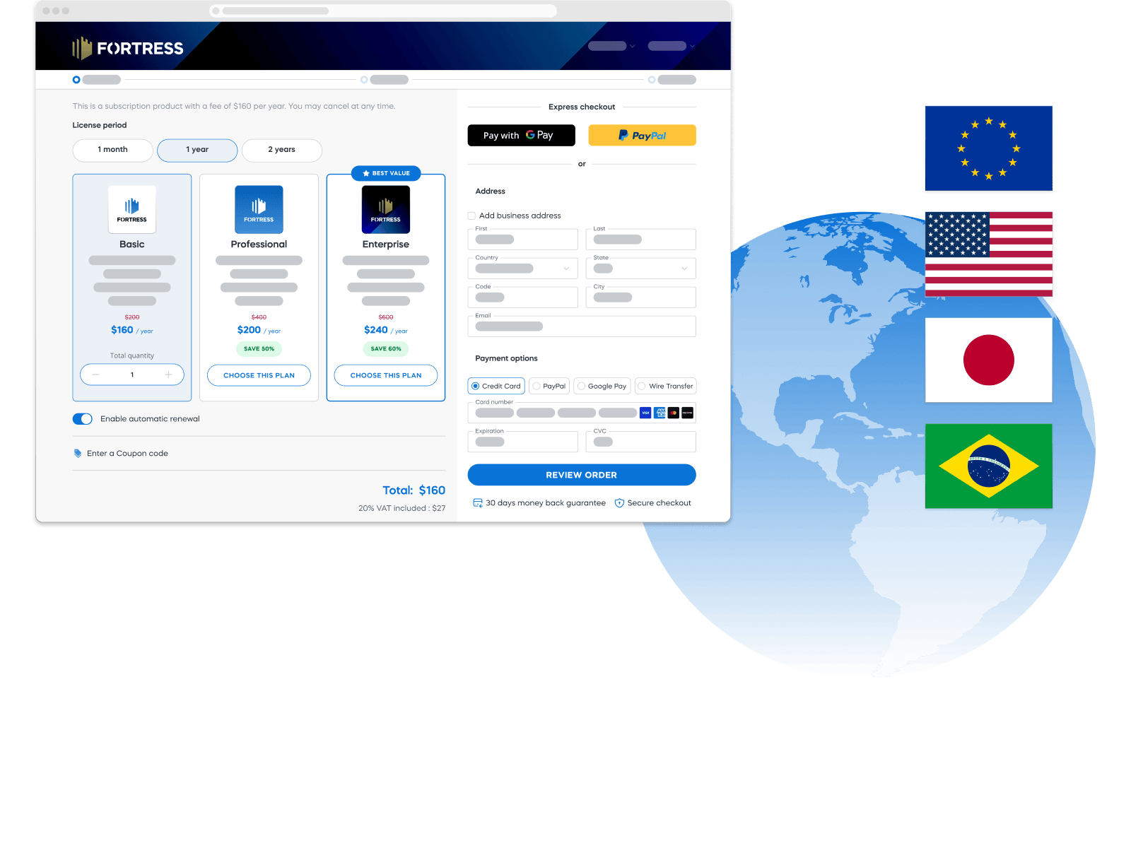Checkout page with subscription plans and flags of EU, USA, Japan, Brazil on a globe. Payment options include PayPal, cards.