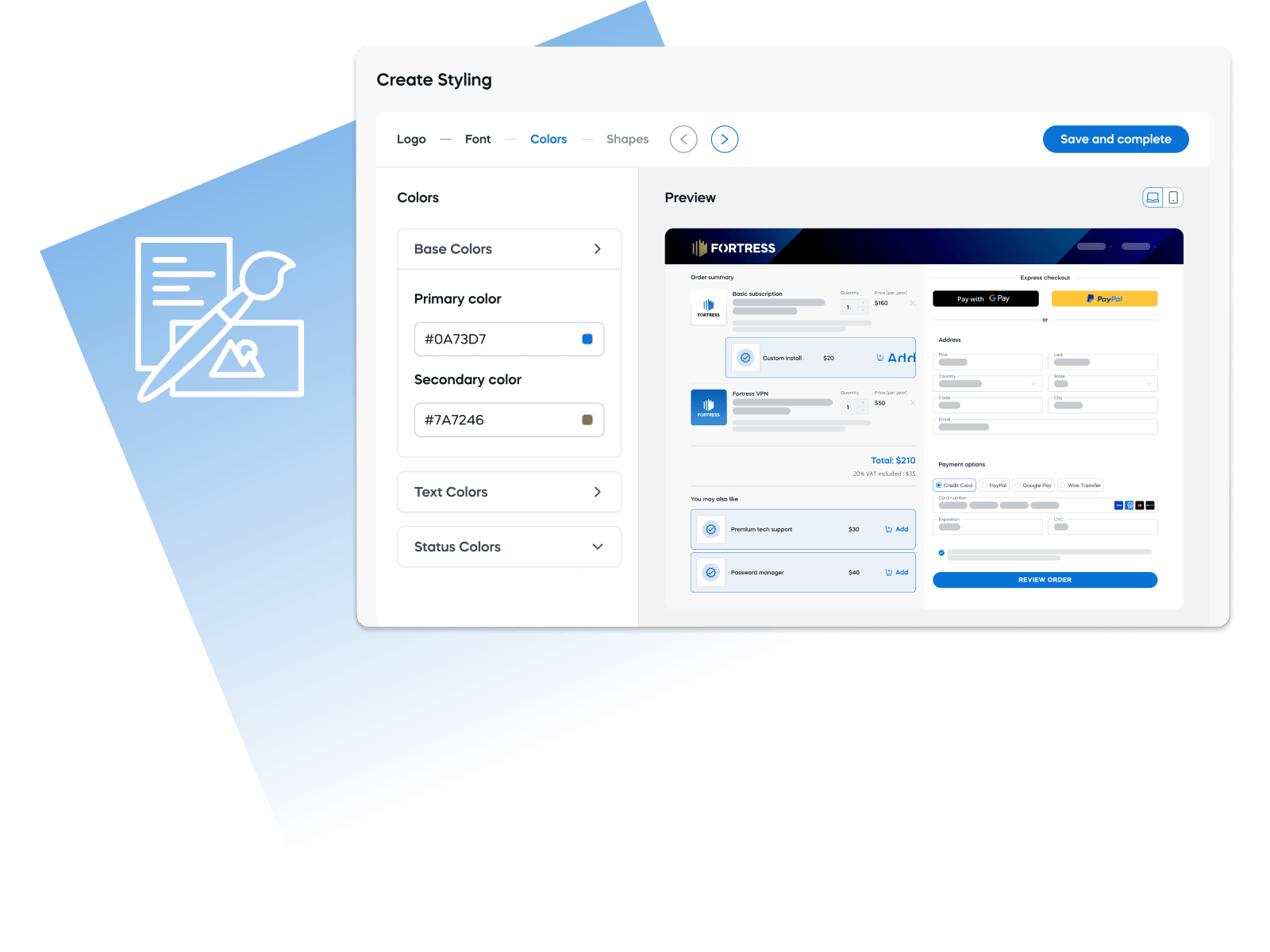 Interface for customizing styling options with color palette selection, preview of payment form, and save button.