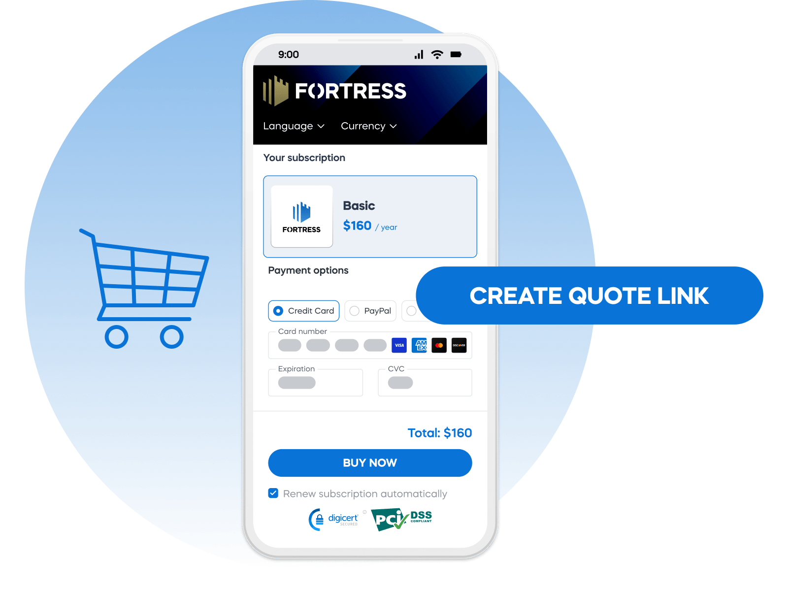 Fortress subscription checkout screen with payment options, $160 total, and a 