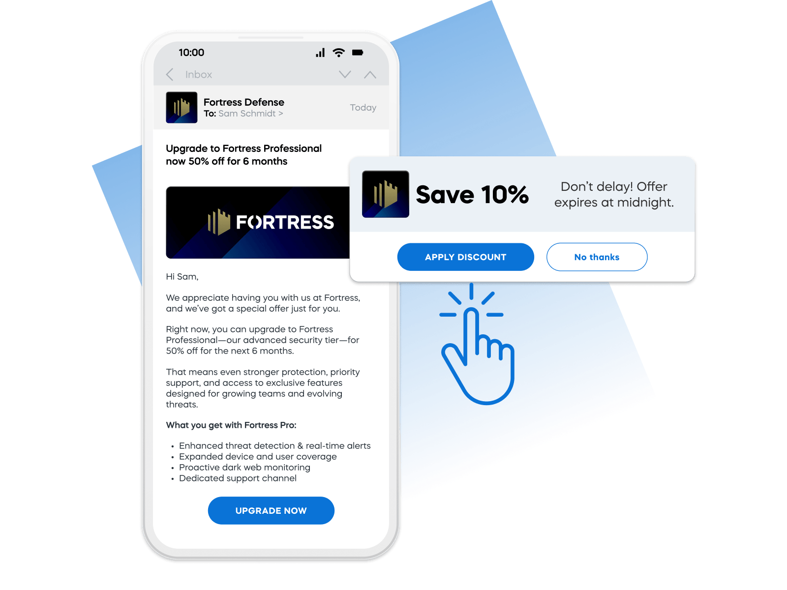 Smartphone screen showing Fortress 50% upgrade offer with a pop-up to save 10% more.