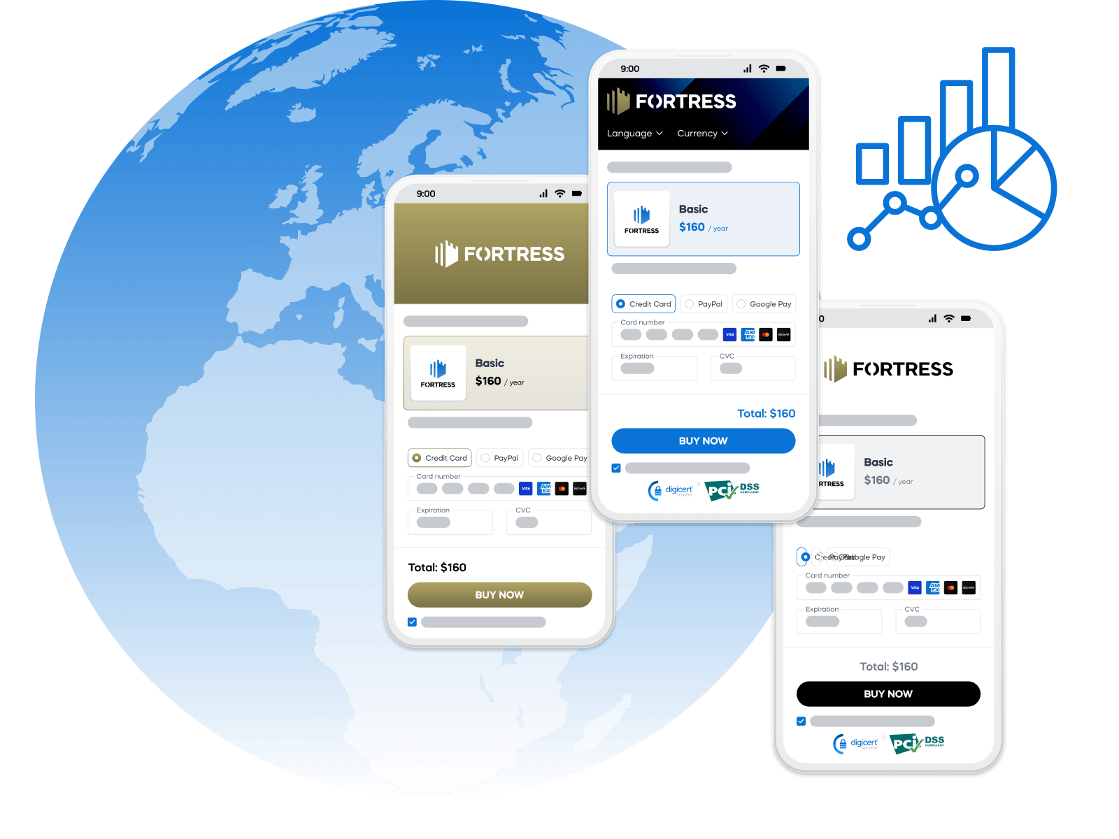 Three smartphones display online payment forms over a globe with analytics icons, symbolizing global transactions.