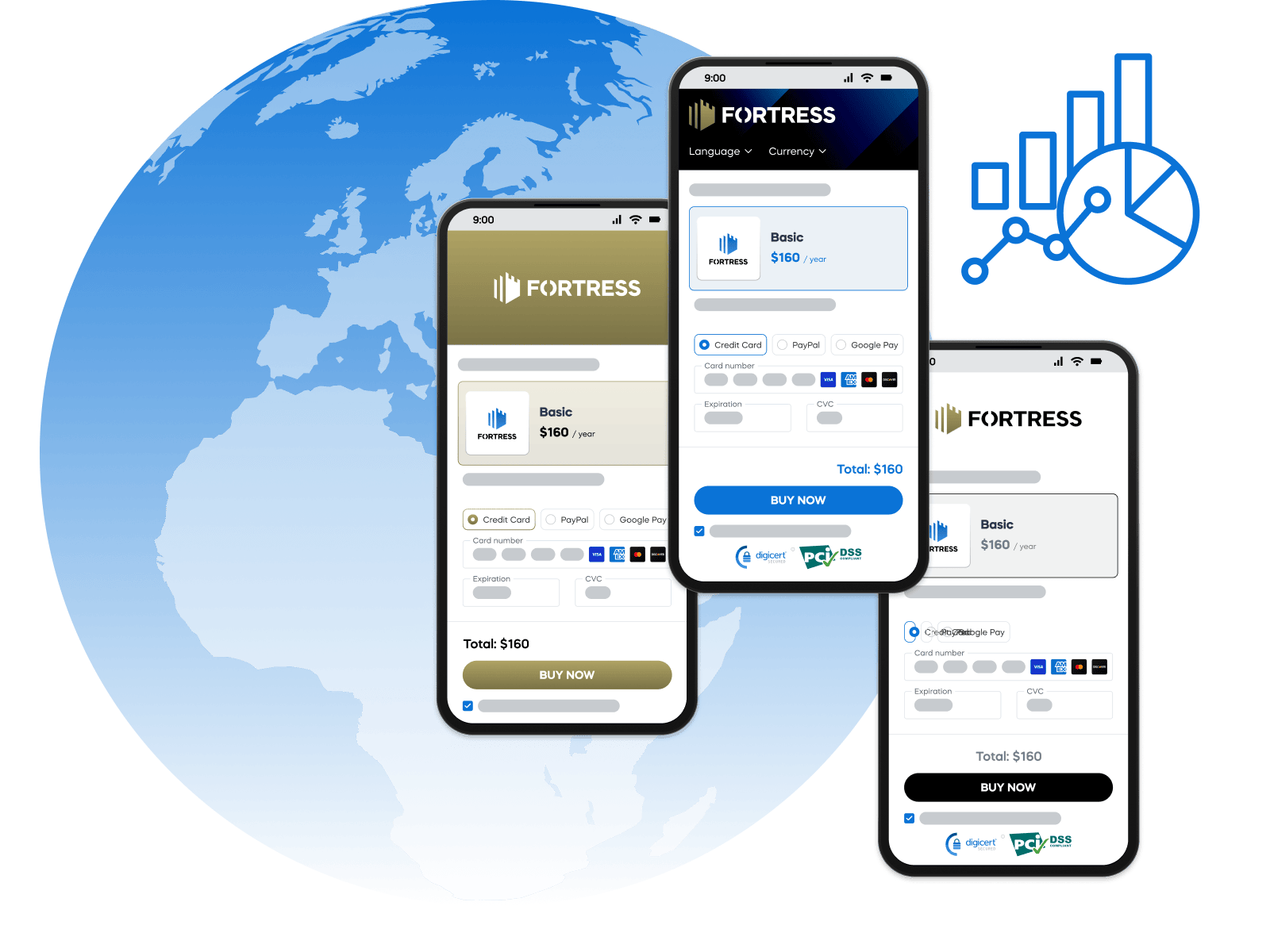 Three smartphones display online payment forms over a globe with analytics icons, symbolizing global transactions.