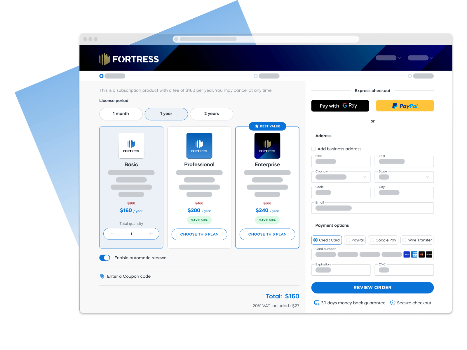 Checkout page showing subscription plans: Basic, Professional, and Enterprise with pricing details and payment options.