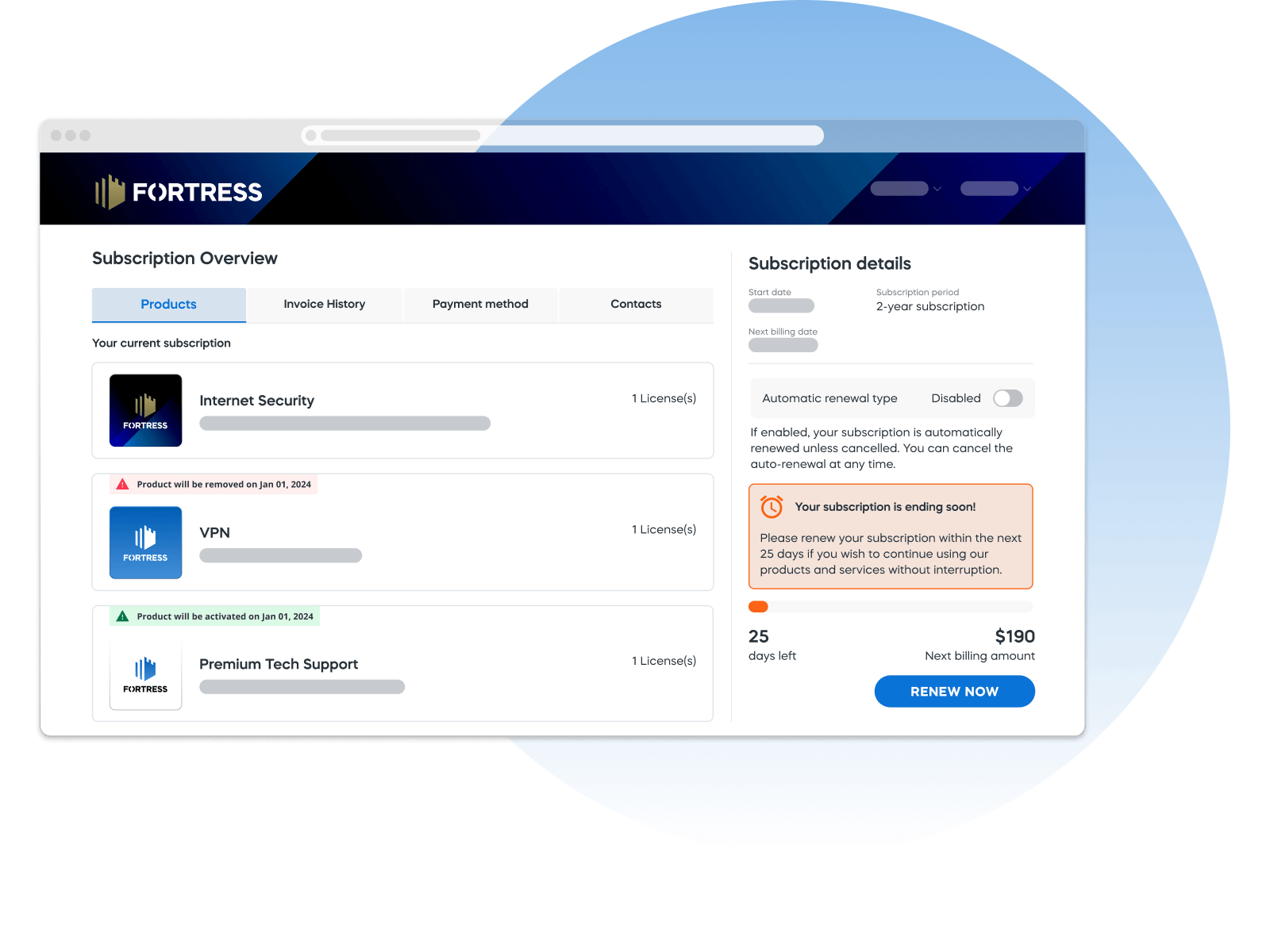 Subscription dashboard showing Internet Security, VPN, and Tech Support products, with renewal alert for expiring services.