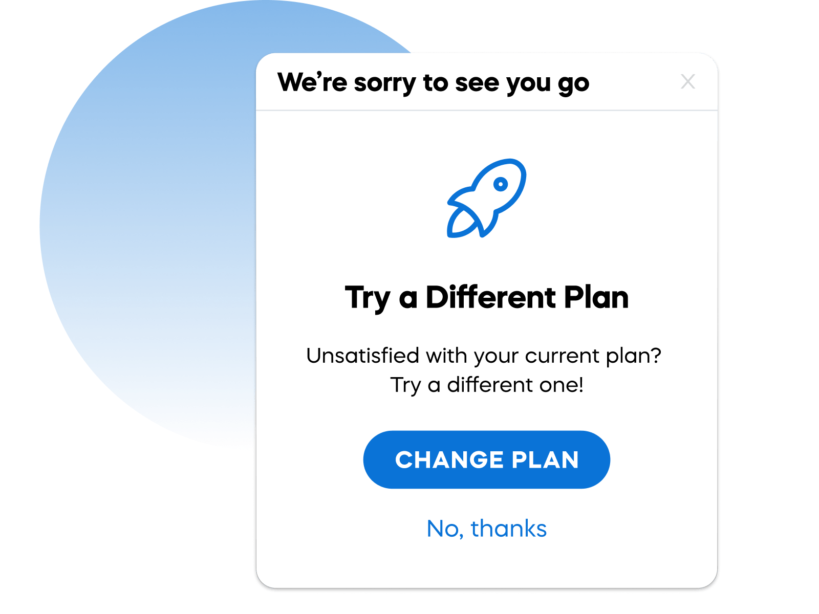 Popup offering a different plan option, featuring a blue rocket icon and 