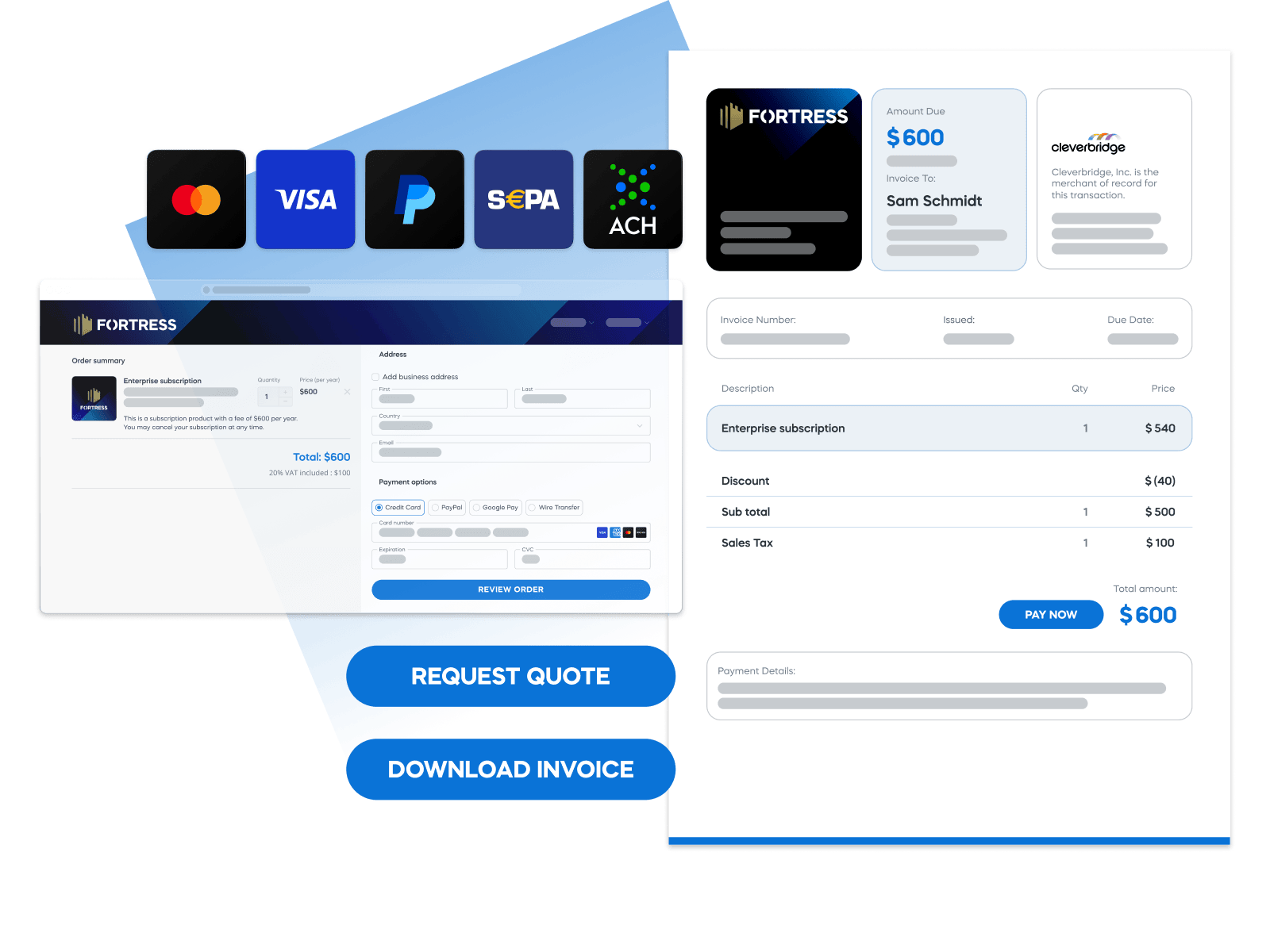 Fortress platform payment interface with credit card options, invoice details, and a $600 enterprise subscription.