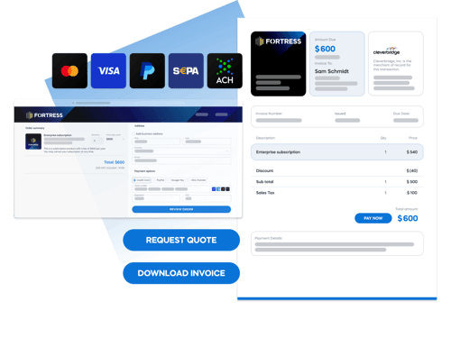 Fortress platform payment interface with credit card options, invoice details, and a $600 enterprise subscription.