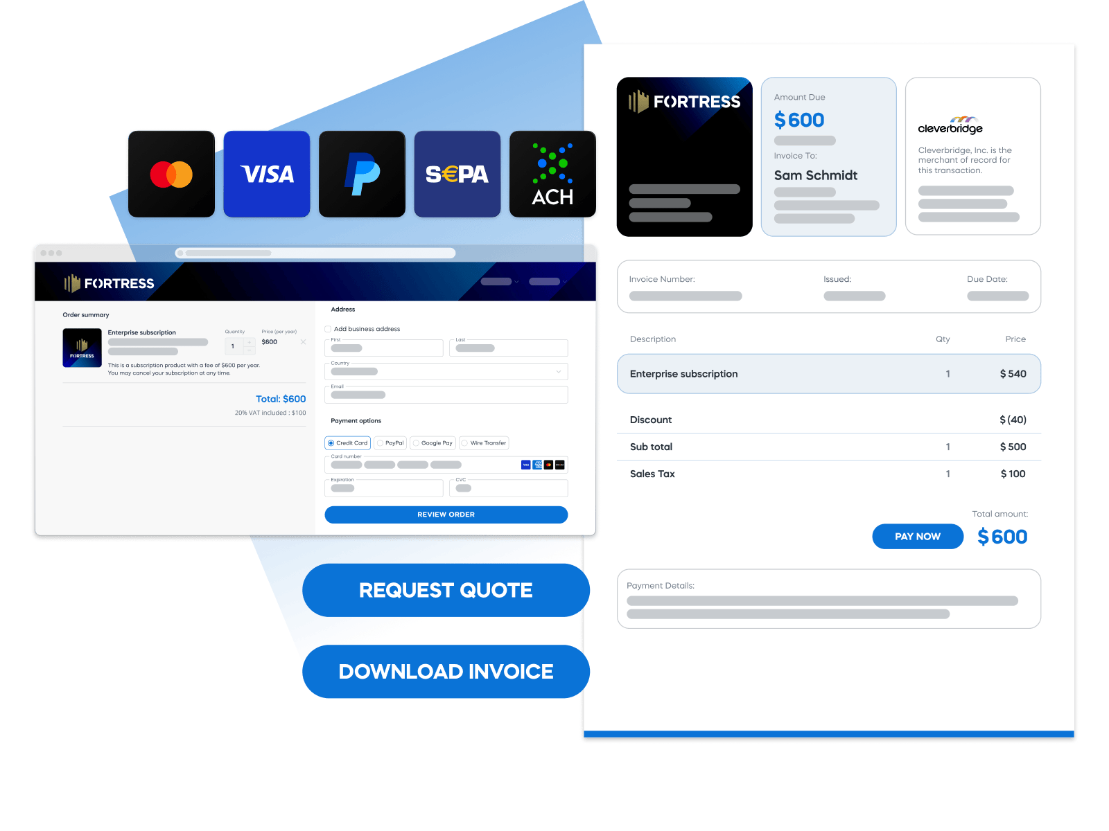 Fortress platform payment interface with credit card options, invoice details, and a $600 enterprise subscription.