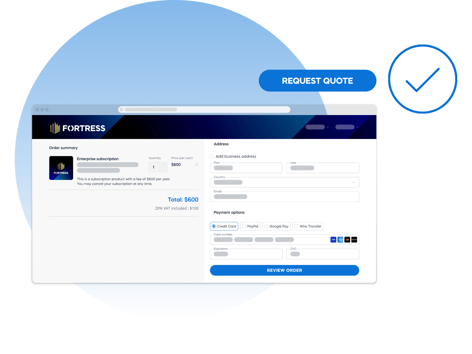 Checkout page for Fortress enterprise subscription, showing order summary, address fields, and payment options.