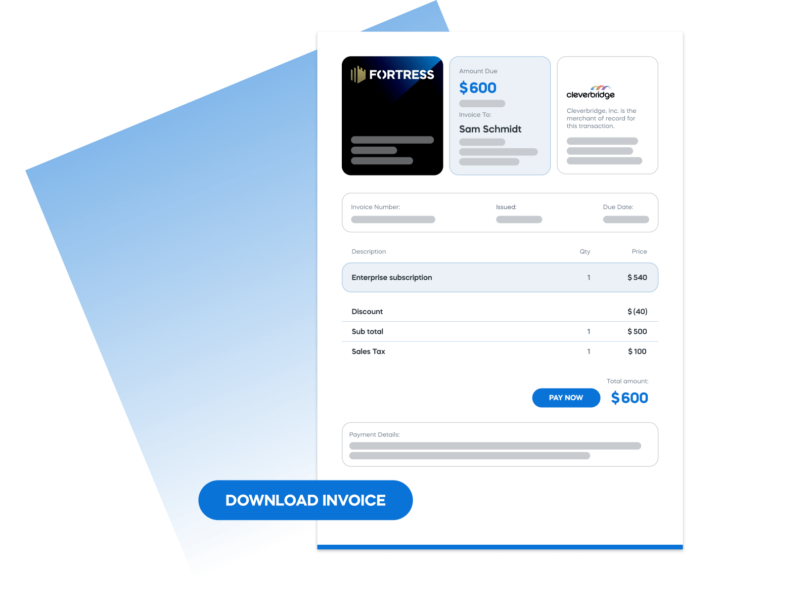 Invoice with a $600 total for an enterprise subscription. Cleverbridge is the Merchant of Record. Button: Download Invoice.
