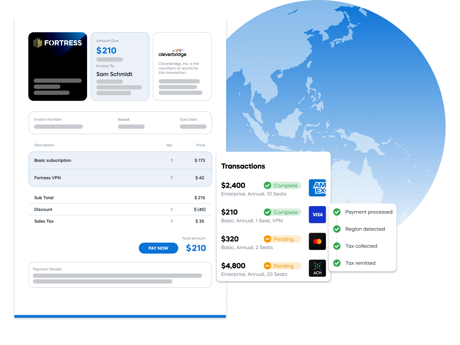 Invoice showing $210 due for Fortress VPN by Cleverbridge, alongside a transaction list with payment statuses.