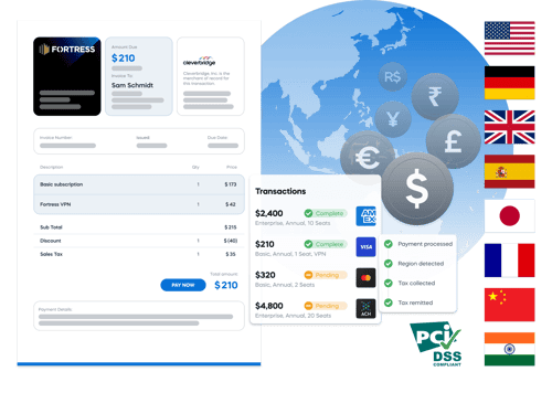 Invoice interface showing $210 due with transaction details, currency symbols, flags, and PCI DSS compliance logo.