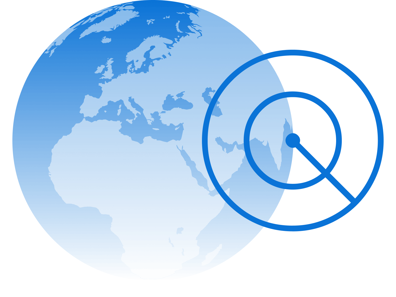 Blue globe with continents and overlay of circular radar-like lines.