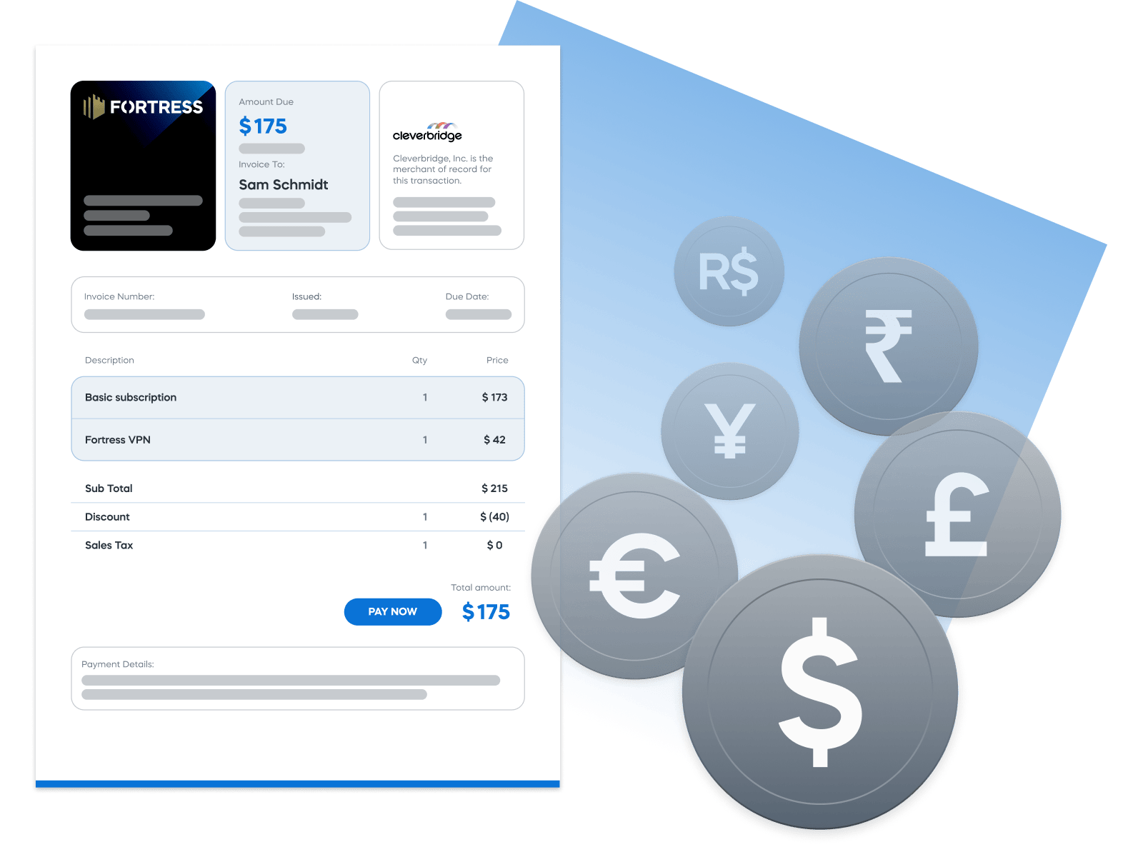 Invoice summary with $175 due, including Fortress VPN subscription. Various currency symbols on blue background.