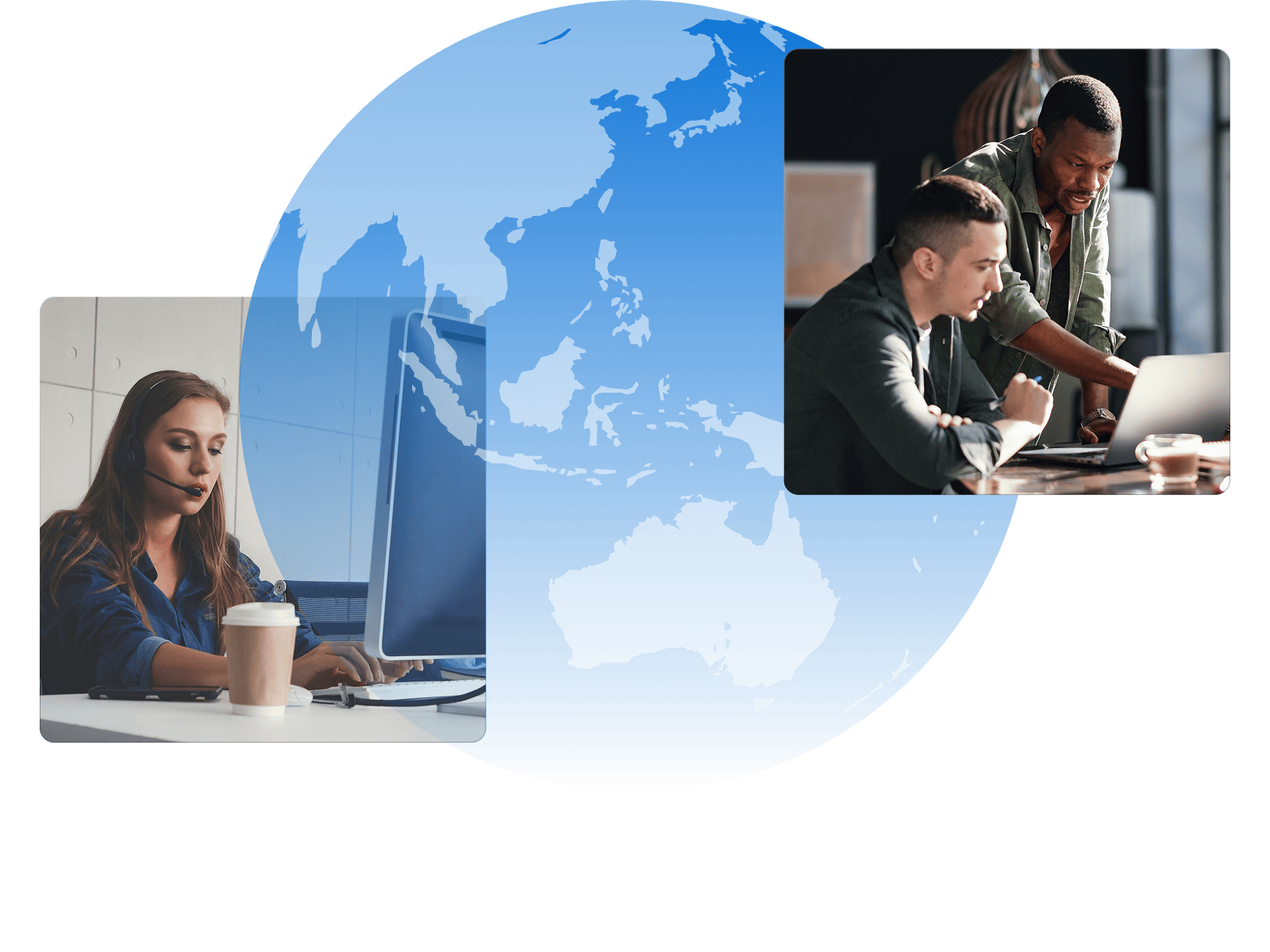 Two people working on computers overlaid on a blue globe, representing global collaboration.