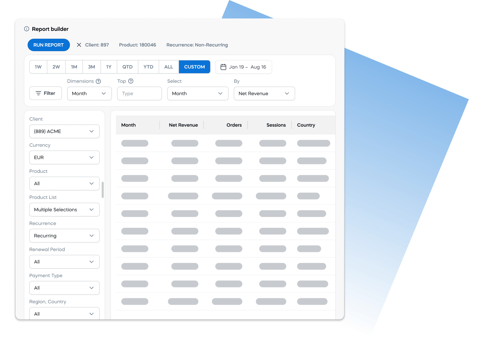 Report builder screen with filters for client, currency, product, and recurrence, displaying net revenue table.