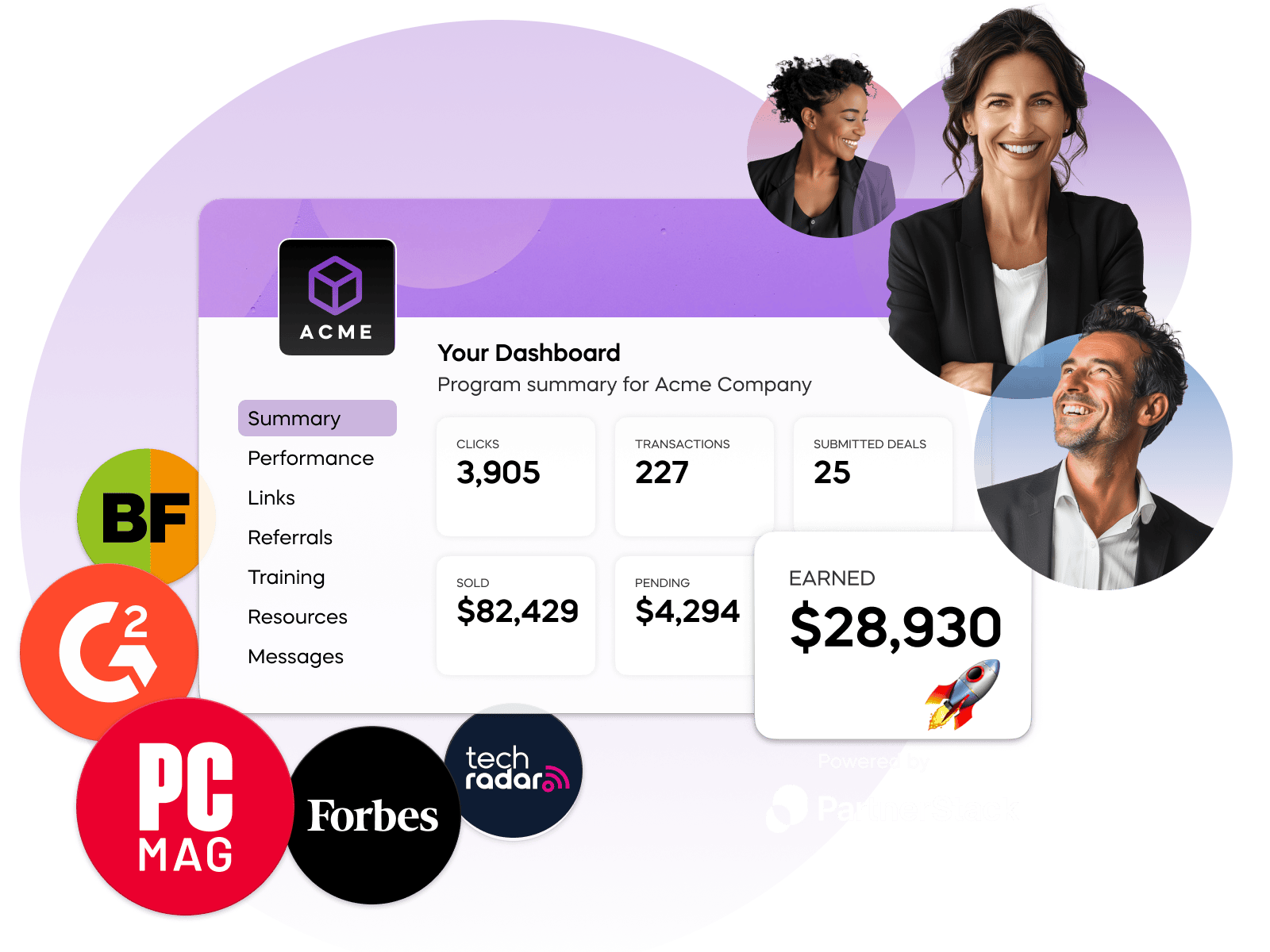 PartnerStack dashboard displaying referral performance metrics, earnings, submitted deals, and affiliate branding.