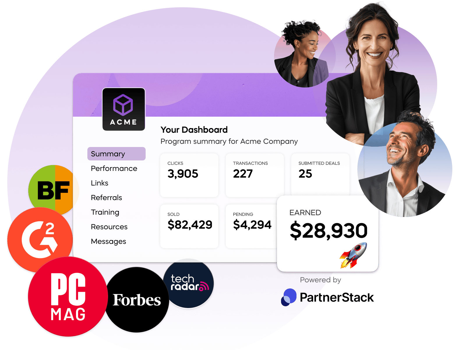 PartnerStack dashboard displaying referral performance metrics, earnings, submitted deals, and affiliate branding.