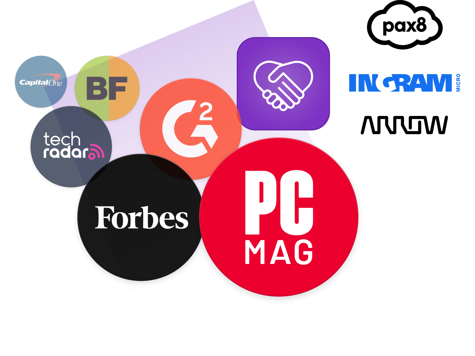 Logos of Capital One, Forbes, PC Mag, tech radar, and more on a white background.