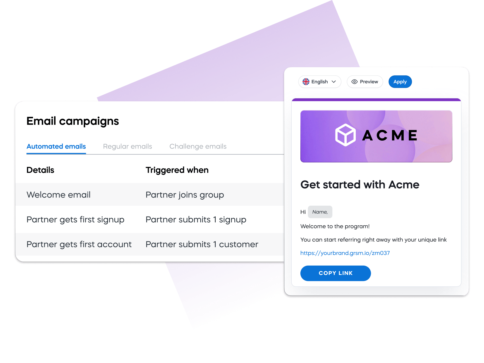 Automated email campaigns showing triggers for welcome messages and referrals with a 