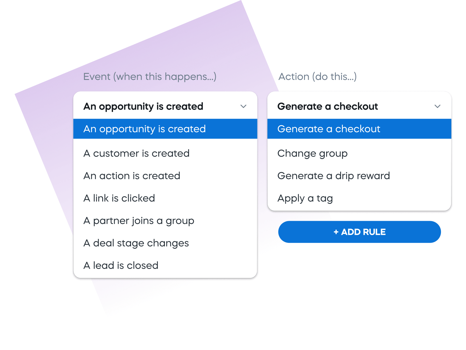 Dropdown menu showing event-action rules: