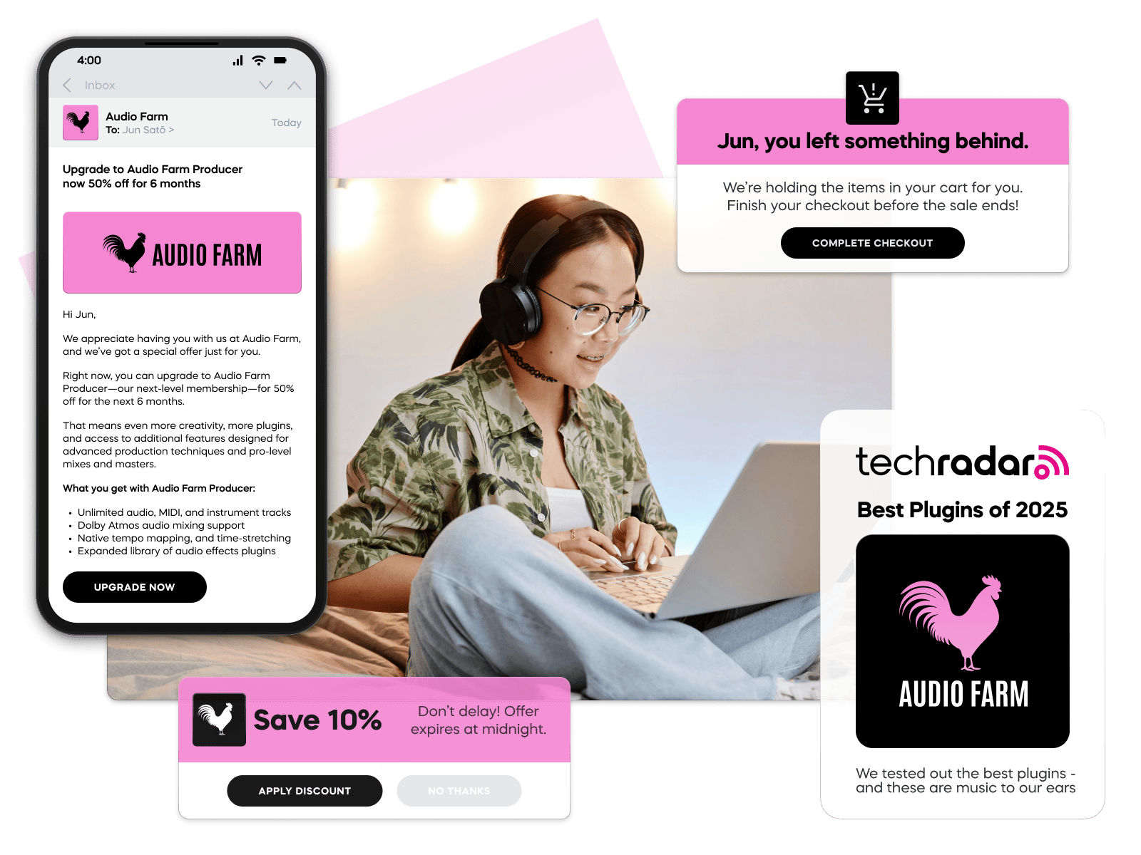 Marketing automation example for a cart abandonment campaign with personalized offers shown on mobile and web.