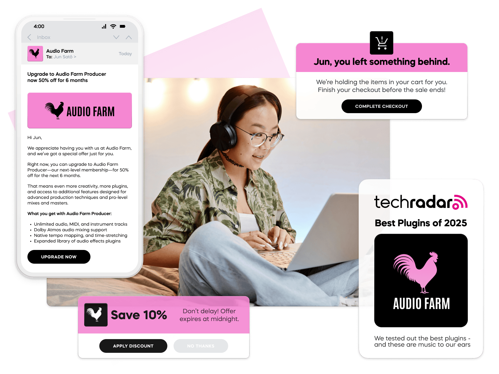 Marketing automation example for a cart abandonment campaign with personalized offers shown on mobile and web.