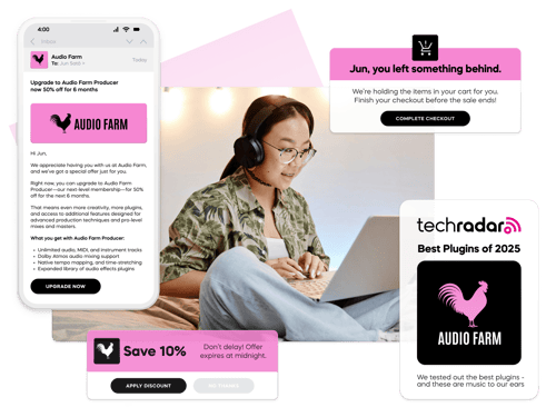 Marketing automation example for a cart abandonment campaign with personalized offers shown on mobile and web.