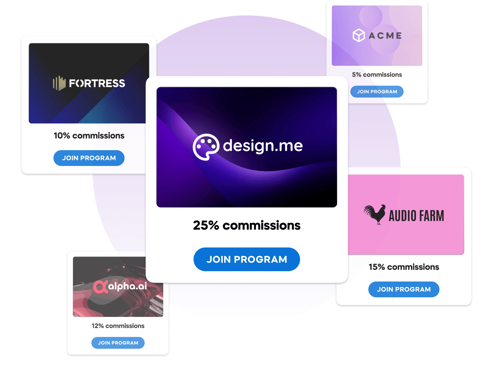 Affiliate program cards with commissions: Design.me 25%, Fortress 10%, Alpha.ai 12%, Audio Farm 15%, Acme 5%.