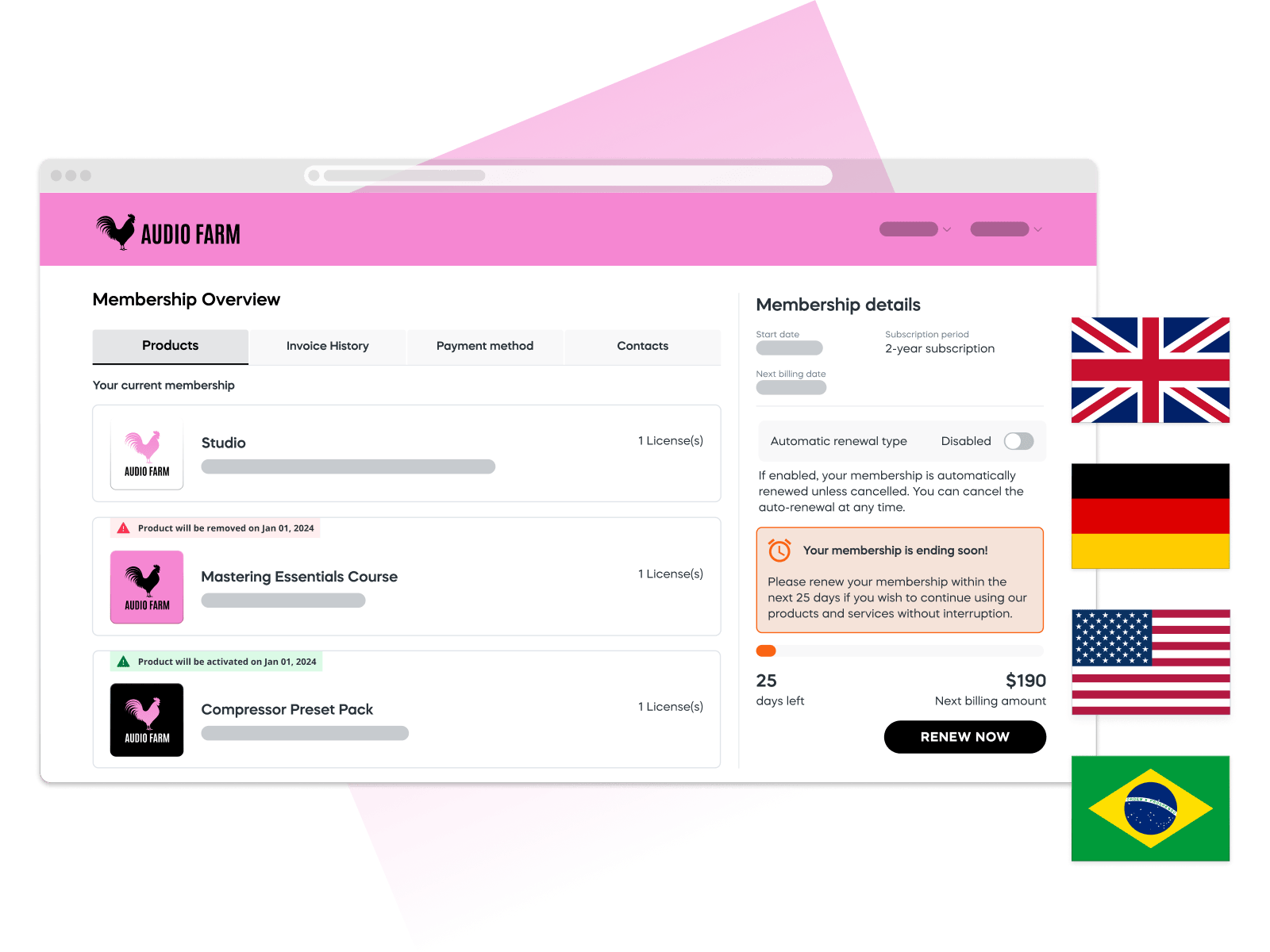Audio Farm membership overview with renewal details, subscription period, and flags of the UK, Germany, USA, and Brazil.