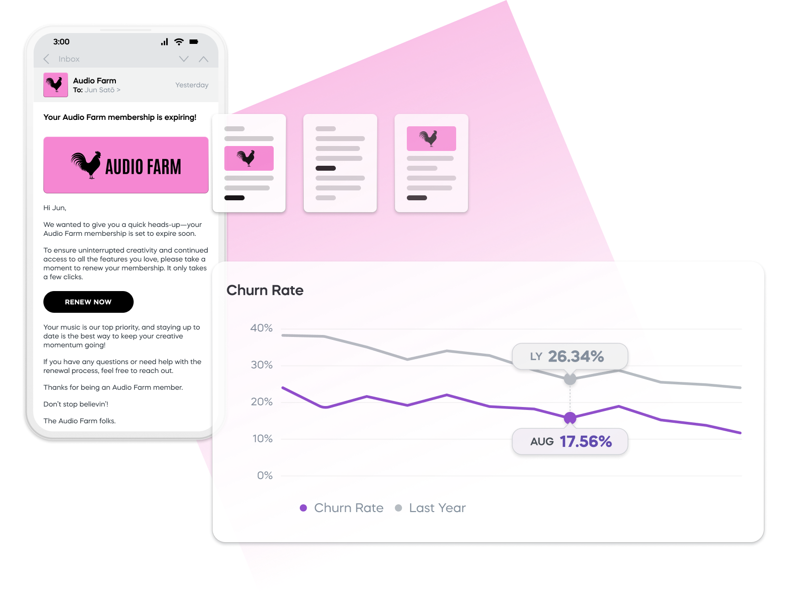 Mobile phone with Audio Farm membership alert and churn rate graph on pink background.