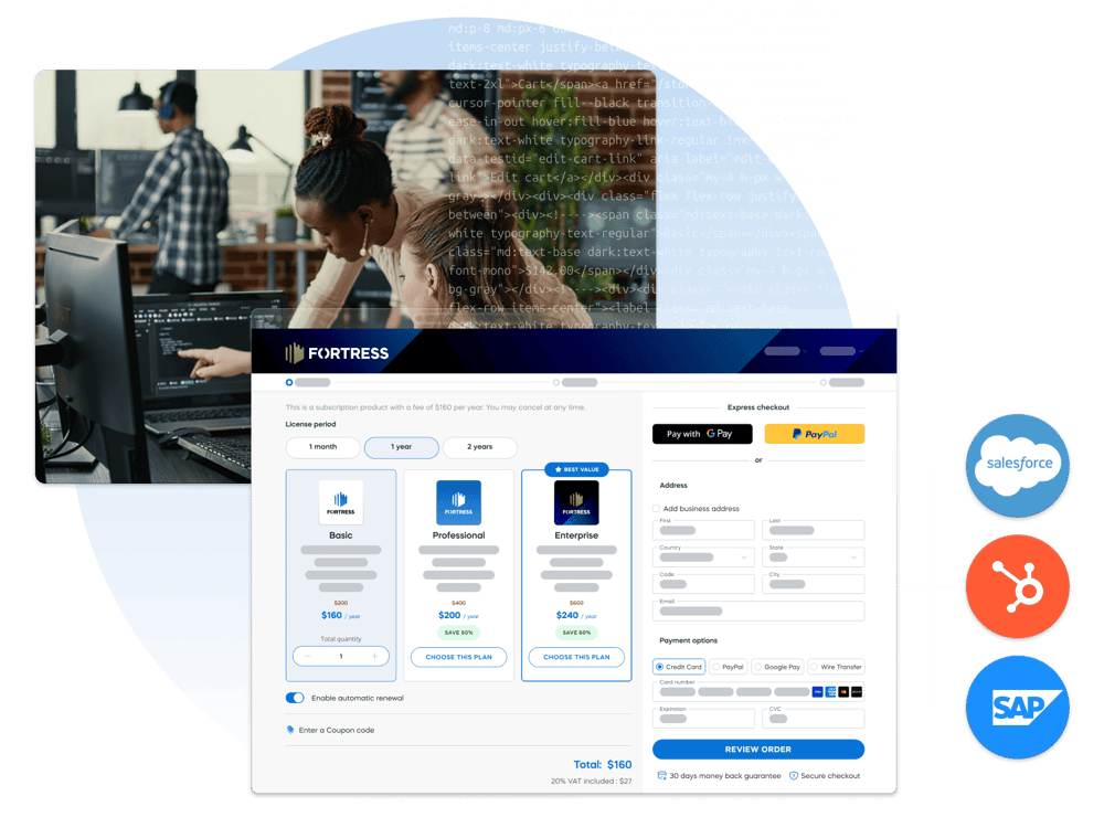 Custom checkout flow integrated with Salesforce and HubSpot, displayed alongside developers in an engineering environment.