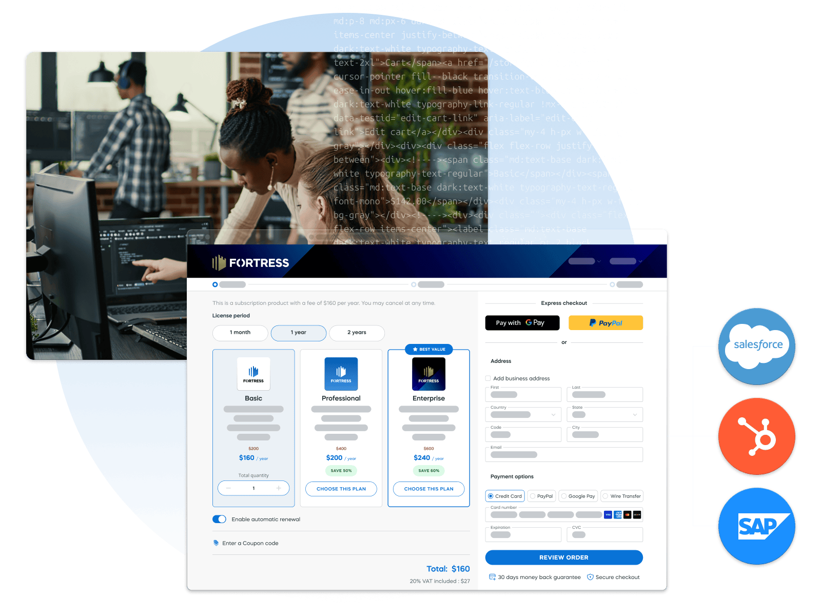 Custom checkout flow integrated with Salesforce and HubSpot, displayed alongside developers in an engineering environment.