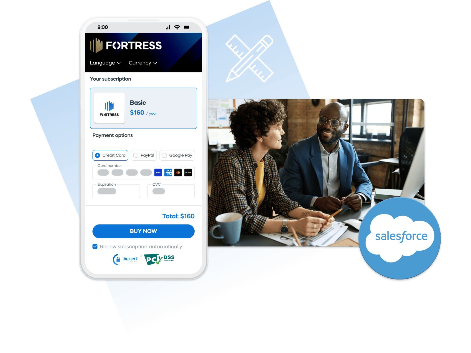 Smartphone displaying subscription payment options, beside two people discussing at a desk, with a Salesforce logo nearby.