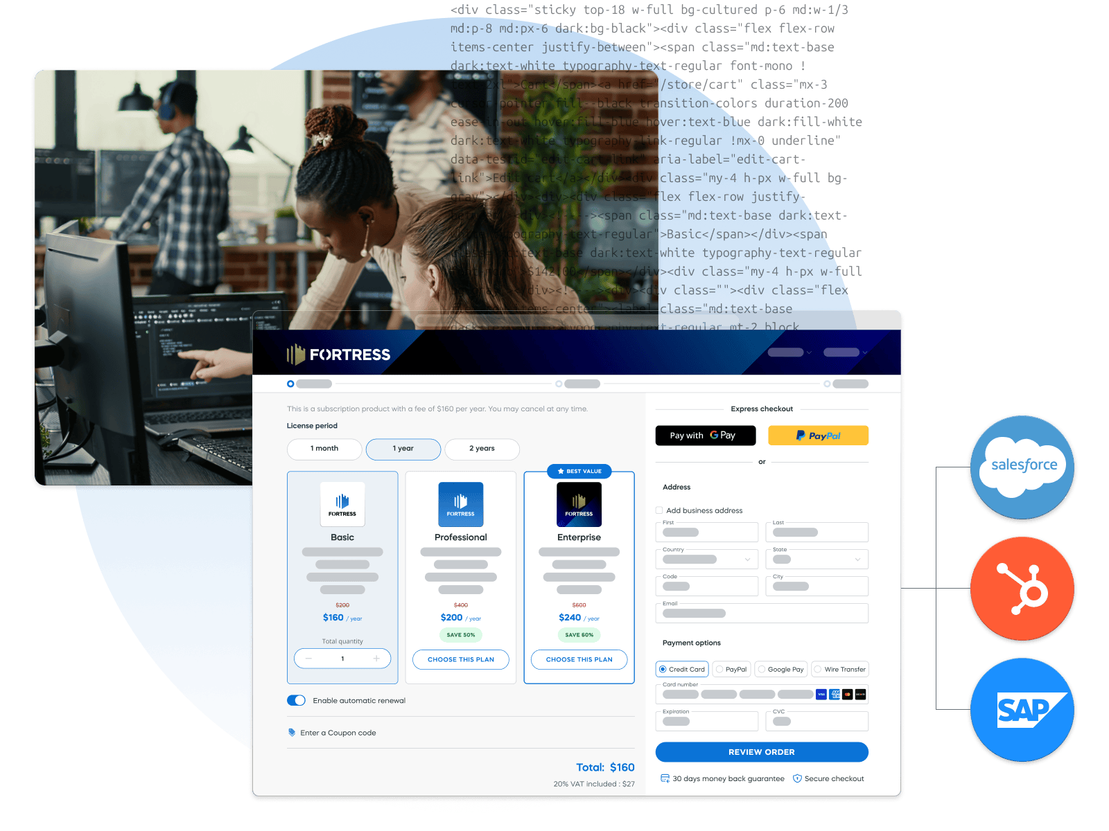 Custom checkout flow integrated with Salesforce and HubSpot, displayed alongside developers in an engineering environment.