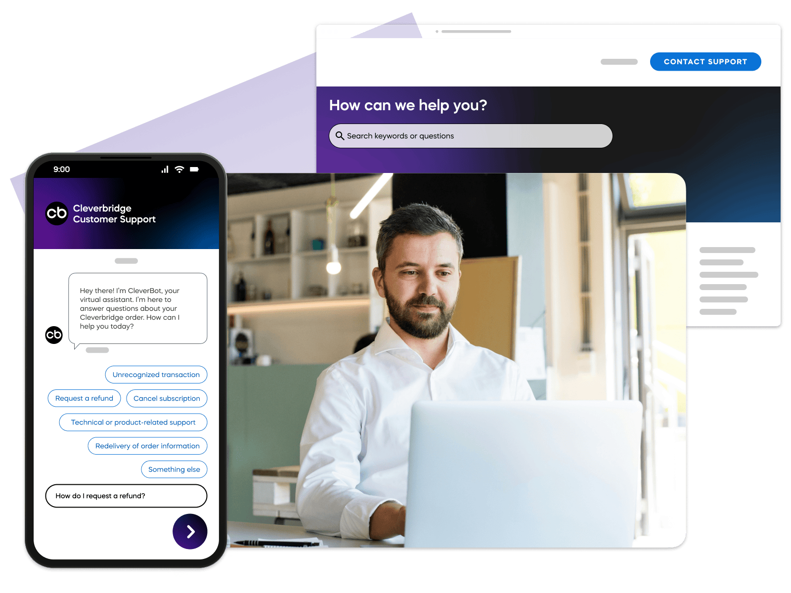 Cleverbridge customer support experience shown through a chatbot on mobile and a live agent helping a customer on desktop.
