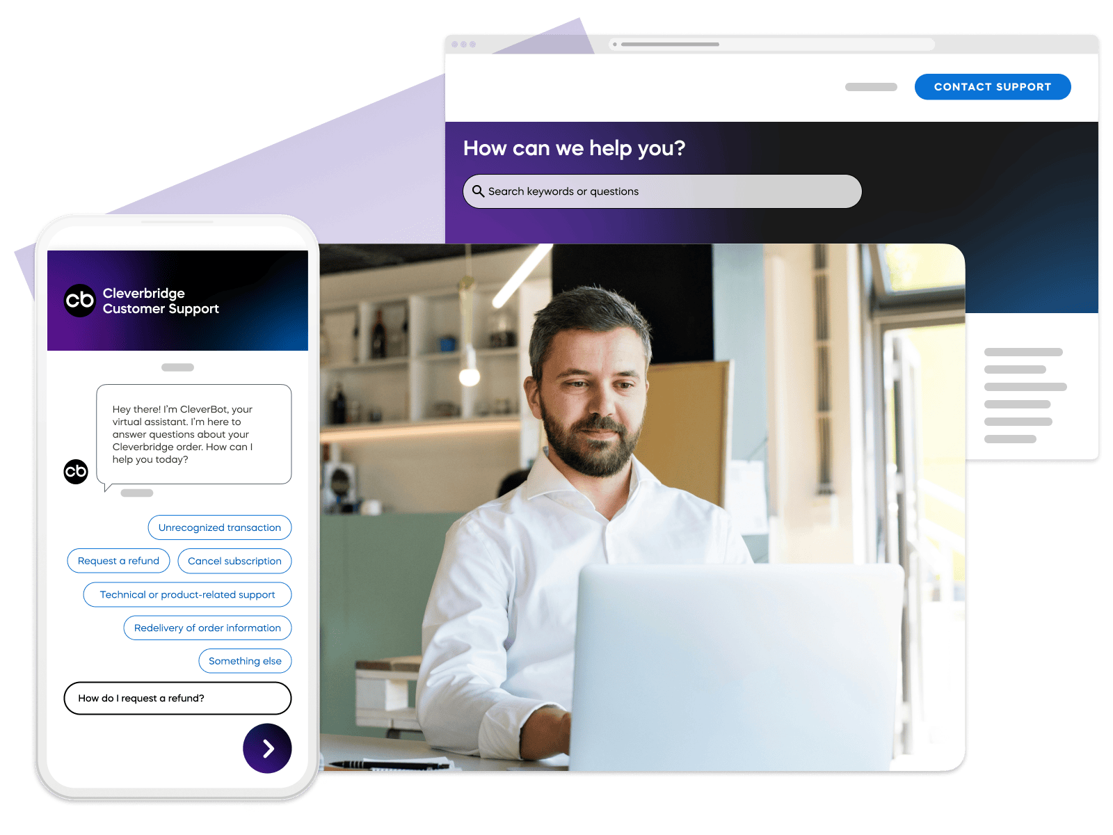 Cleverbridge customer support experience shown through a chatbot on mobile and a live agent helping a customer on desktop.