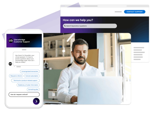 Cleverbridge customer support experience shown through a chatbot on mobile and a live agent helping a customer on desktop.