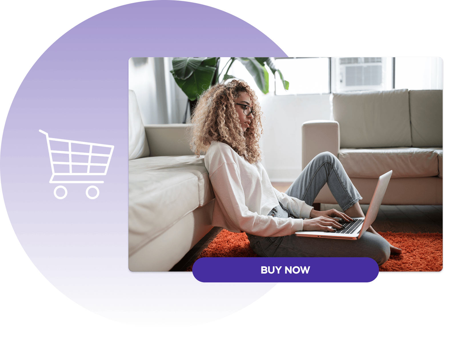 Woman using laptop on orange rug at home with white shopping cart icon overlay. 