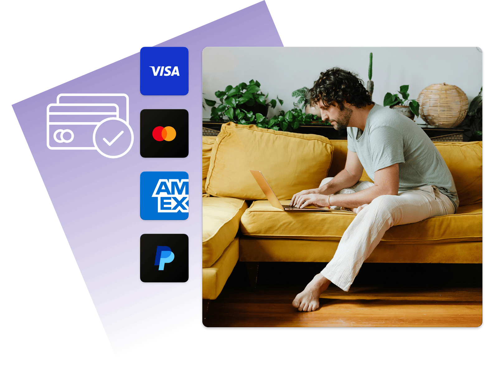 Man using a laptop on a yellow sofa, with payment logos like Visa and Mastercard on the side.