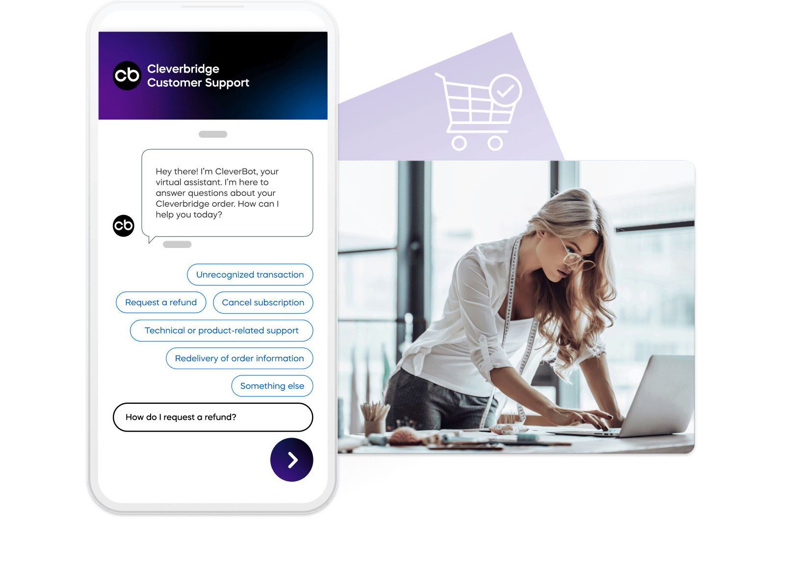 Cleverbridge customer support chat on mobile beside a woman working on a laptop with a shopping cart icon overlay.