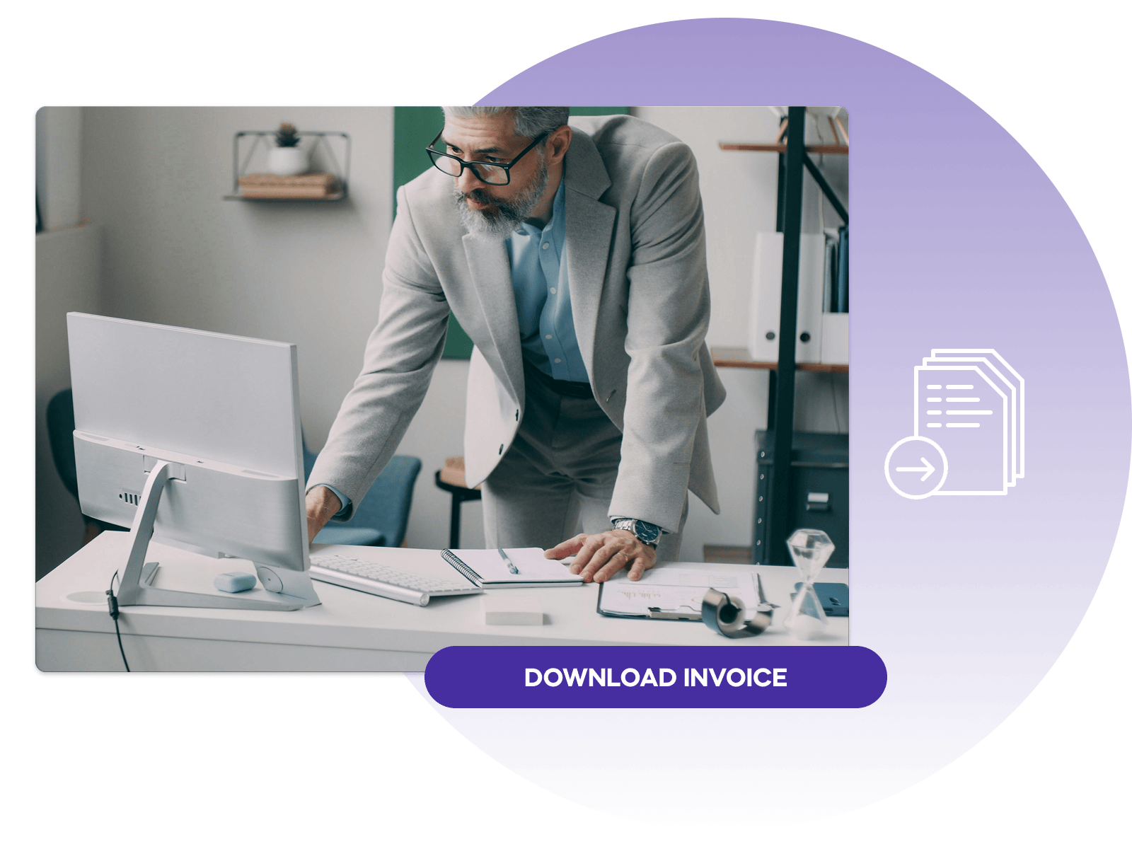 Man in suit working at computer desk; download invoice icon on purple overlay.
