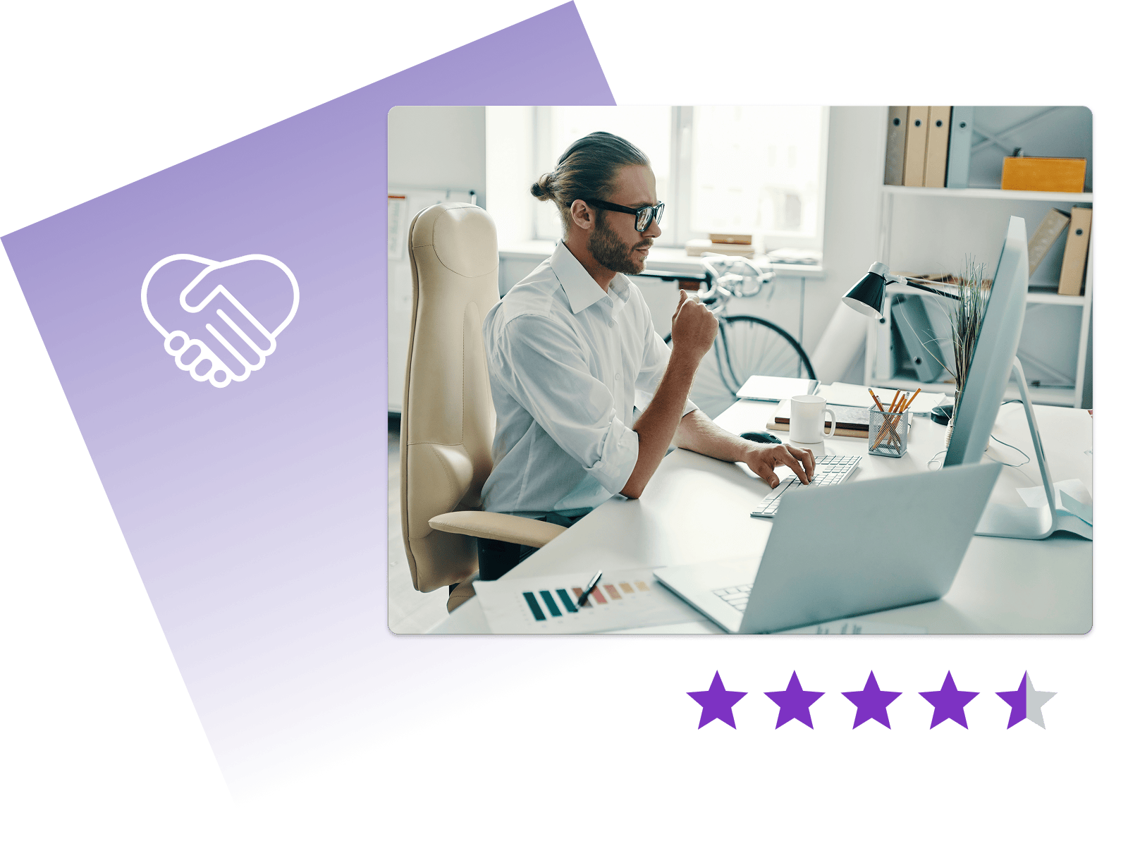 Professional working at a desk with computer, surrounded by office items. Purple handshake icon and star ratings nearby.