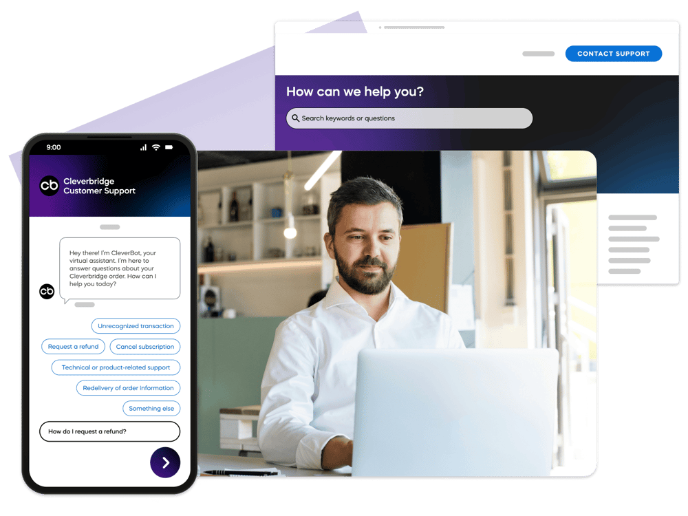 Cleverbridge customer support experience shown through a chatbot on mobile and a live agent helping a customer on desktop.