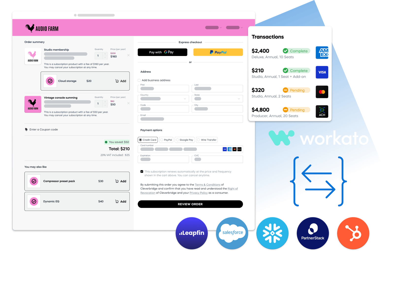 Checkout interface for Audio Farm with payment options, transaction details, and partner logos like Workato and Salesforce.